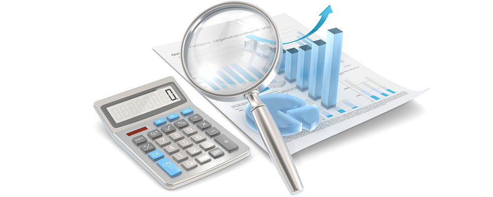 image of generic charts, magnifying glass and calculator